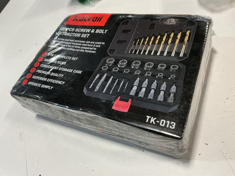 Condition photo showing New/Like New for kolvoii bolt extractor kit, 39 pieces easy out screw extractor set, left hand drill bit set, multi-spline extractors, for removing damaged, stripped, broken, rusted, rounded-off bolts and screws 39 pcs