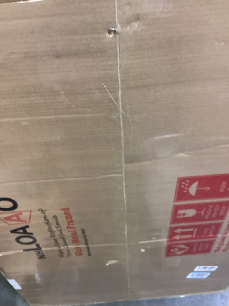 Condition photo showing New/Like New for loaao 48x30 inch white metal framed bathroom mirror for wall, white bathroom vanity mirror farmhouse, large rounded rectangle mirror, anti-rust, tempered glass, hangs horizontally or vertically white 48"l x 30"w