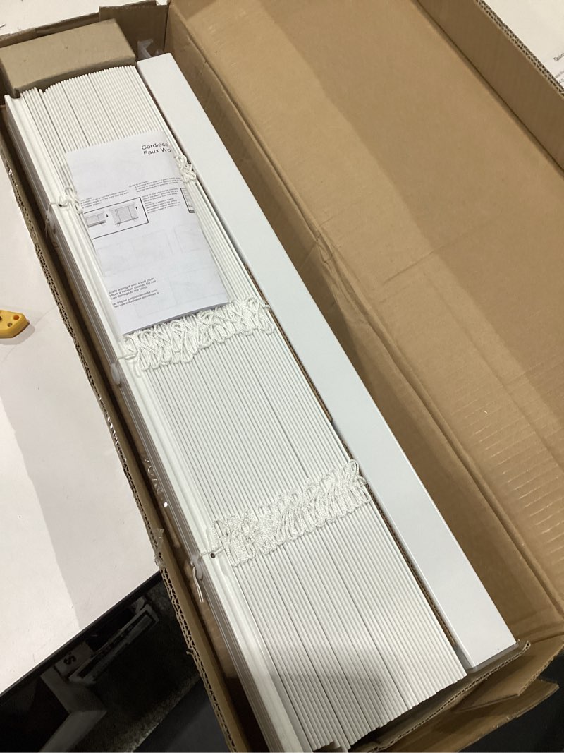 Condition photo showing Good Condition for lotus & windoware cordless premium vinyl mini blind, white, smooth, room darkening, blinds for living room, bedroom, interior door windows white