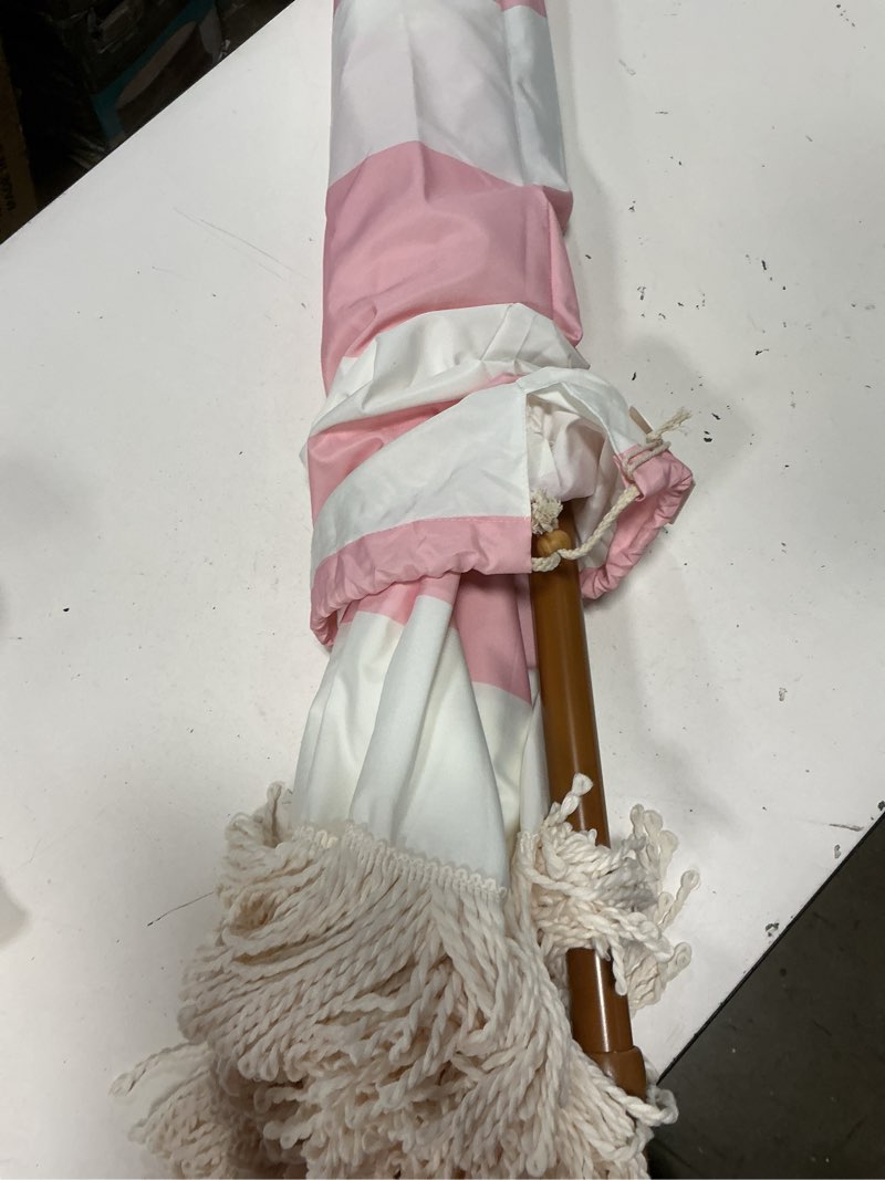 Condition photo showing Good Condition for ammsun boho fringe umbrella outdoor patio, 6.5ft upf50+ picnic umbrella with tassels with steel pole and push button tilt, pink stripes