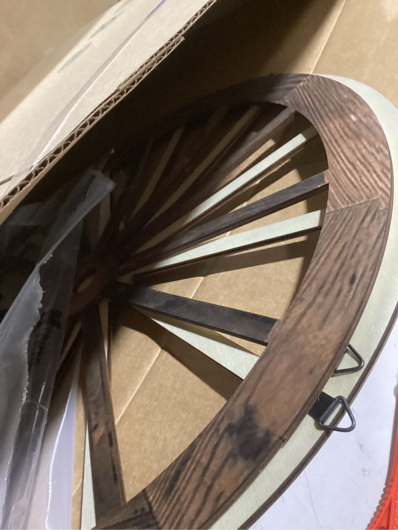 Condition photo showing Good Condition for Qunclay 2 Pcs Wagon Wheel Decor Wooden Western Cowboy Party Decorations Vintage Rustic Wagon Wheel Wood Cartwheel Decor for Bar Garage Indoor Outdoor (Brown,18 Inch) 18 Inch Brown