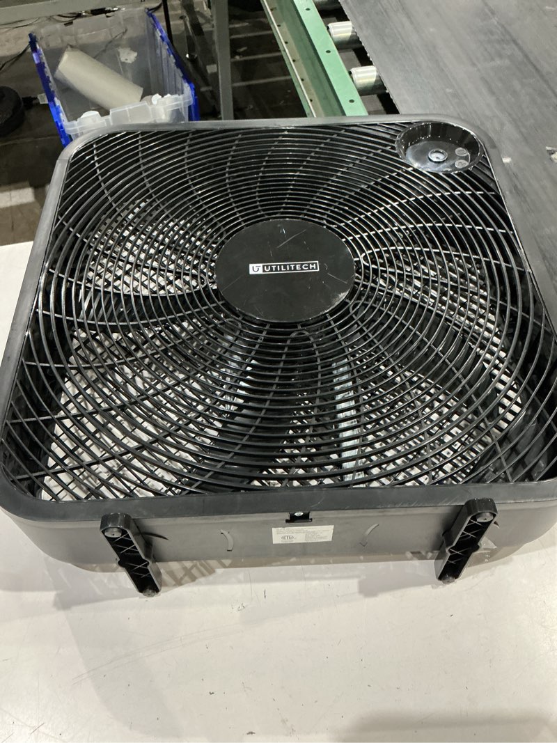 Condition photo showing As Is for utilitech 20-in high velocity indoor box fan, in black