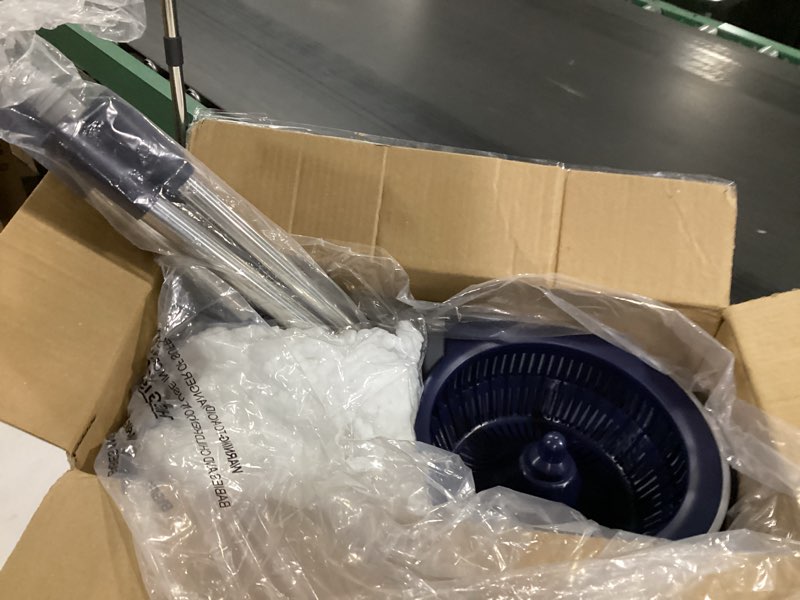 Condition photo showing New/Like New for spin mop and bucket system with180-degree rotating head telescopic handle dual chamber bucket floor cleaning set with 3 mop refills dual-function wringing hand-press and foot-pedal