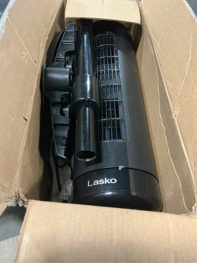 Condition photo showing As Is for lasko elevation adjustable tower fan 42”-54”, pedestal fan, 31 ft/s airflow, quiet 28 db, 90° oscillation, 12h timer, remote, black, est100
