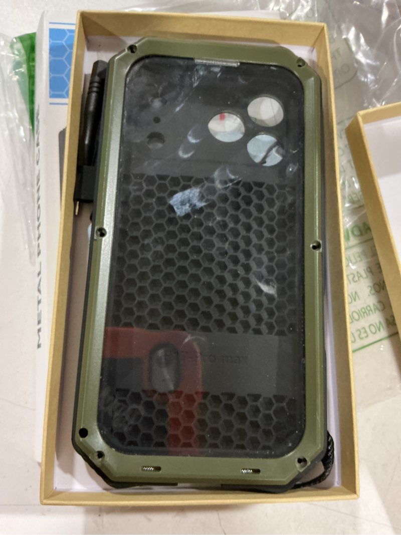 Condition photo showing Good Condition for simicoo military metal heavy duty case compatible with iphone 17 pro max, drop protection rugged defender metal bumper screws case with stand gorilla glass camera cover full body dustproof green iphone 17 pro max green