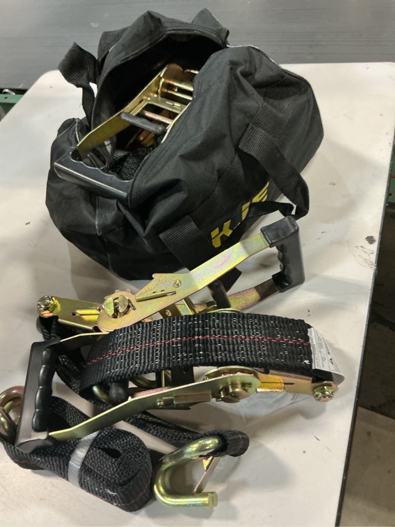 Condition photo showing Good Condition for KJE 4 Pack Car Tie Down Straps for Trailers - Tire Ratchet Strap with Flat Hooks - 2" x 10' 10,000LBS Break Strength - Lasso Style Wheel Straps for Hauling UTV, SUV, Any Cars