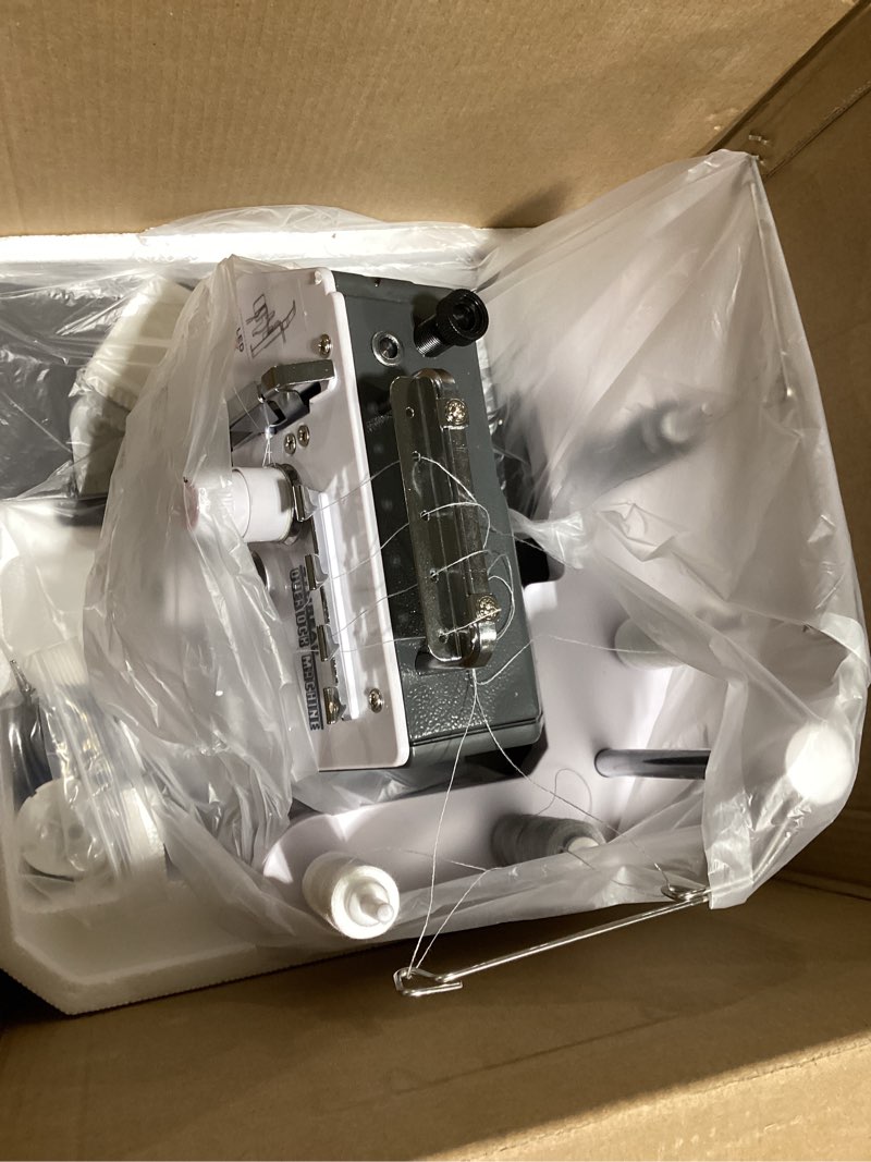 Condition photo showing Good Condition for upgraded serger overlock machine with 3/4 thread capability, metal frame serger sewing machine 1,250 stitches/minute, 12 stitch patterns, re-thread guide, foot controller for home, led light, white