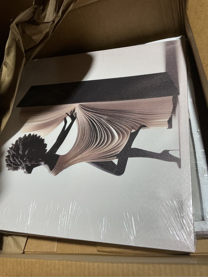 Condition photo showing Good Condition for 3Pcs Black Girl Canvas Wall Art Black woman Wall Decor Pictures Afro African American Abstract Book Wedding Dress Posters Prints for Bathroom Living Room Bedroom Corridor Decoration 20x20inUnframed 20x20inx3pcs poster