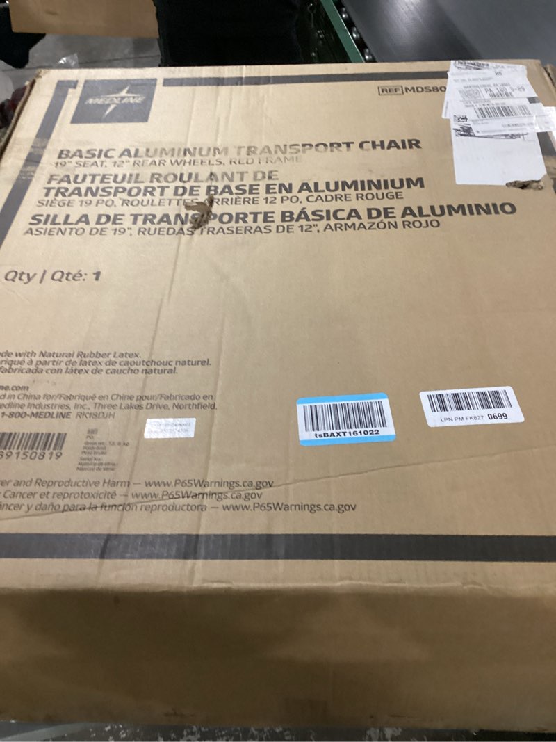 Condition photo showing New/Like New for Medline Lightweight Foldable Transport Wheelchair with Handbrakes and 12-Inch Wheels, Red Frame, Black Upholstery Red Wheelchair