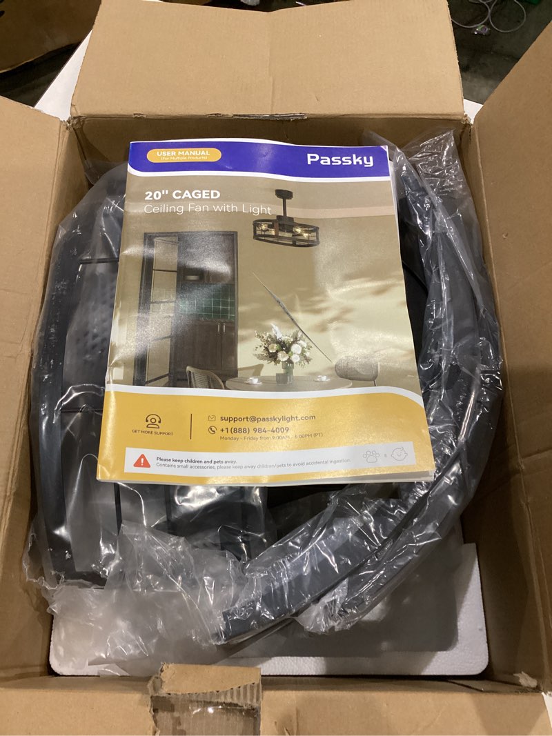 Condition photo showing Good Condition for Passky 20 Inch Farmhouse Caged Ceiling Fans with Lights and Remote, Black Downrod Mount Bladeless Fandelier, 6 Speeds Bladeless Ceiling Fan Light for Bedroom, Kitchen, Living Room, Indoor