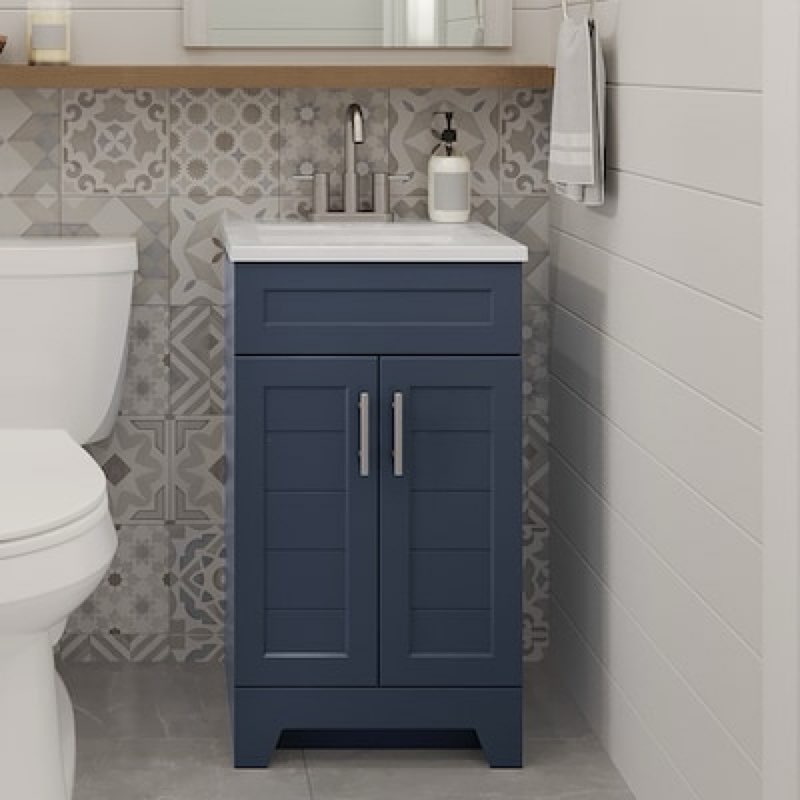 style selections kirkman 18-in deep ocean blue single sink bathroom vanity with white cultured