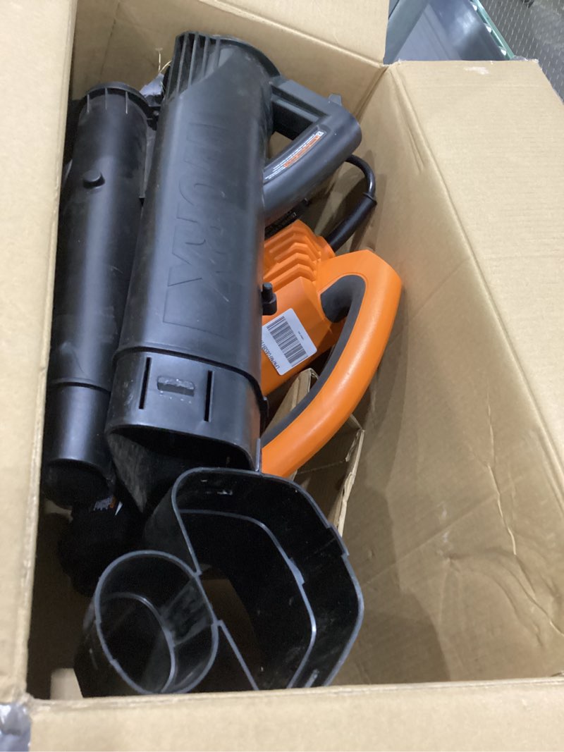 Condition photo showing As Is for used not tested missing pieces worx trivac 3 in 1 electric leaf blower for lawn care, leaf vacuum with 350 cfm & 210 mph, leaf mulcher with metal impeller, reusable bag included, wg505.2 350cfm w/leafpro collection system