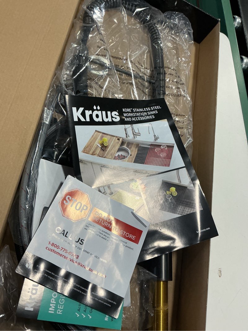 Condition photo showing As Is for KRAUS Bolden Commercial Style 2-Function Single Handle Pull Down Kitchen Faucet in Matte Black/Black Stainless, KPF-1610MBSB (Pack of 1) Matte Black/Black Stainless Commercial Style