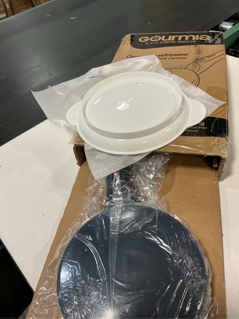 Condition photo showing Good Condition for gourmia 8” electric crepe maker – nonstick ceramic surface, one-touch operation, includes batter tray, compact & easy to clean, crepe, pancake & tortilla maker