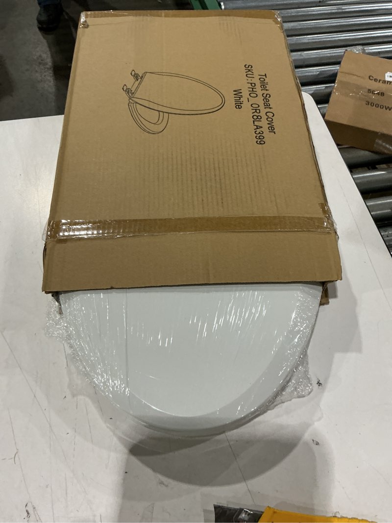 Condition photo showing As Is for similar to stock photo 17 inch  toilet seat slow close, white color polypropylene toilet seat cover with never loosen durable lid, quiet and easy to install & clean  (17?) white, standard