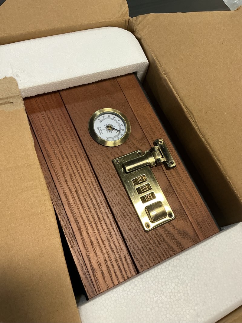 Condition photo showing New/Like New for tesonway cigar humidor, cedar wood humidor cigar box, glass top desktop humidor with front hygrometer, humidifier, divider, accessories drawer and combination lock, cigar gifts for men (brown)