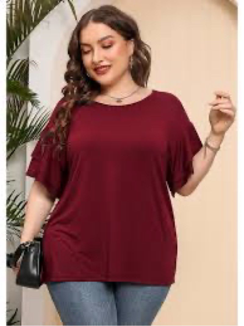 U.Vomade Women's Plus Size Summer Short Sleeves Solid Color Flare Hem Tunic Tops Wine Red 4X-Large