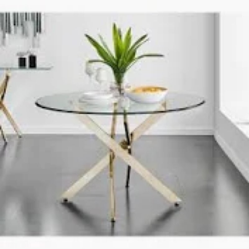 (Incomplete just legs)Tierra Gold Metal and Glass 4 Seat Round Dining Table Set with Luxury Faux Leather Dining Chairs