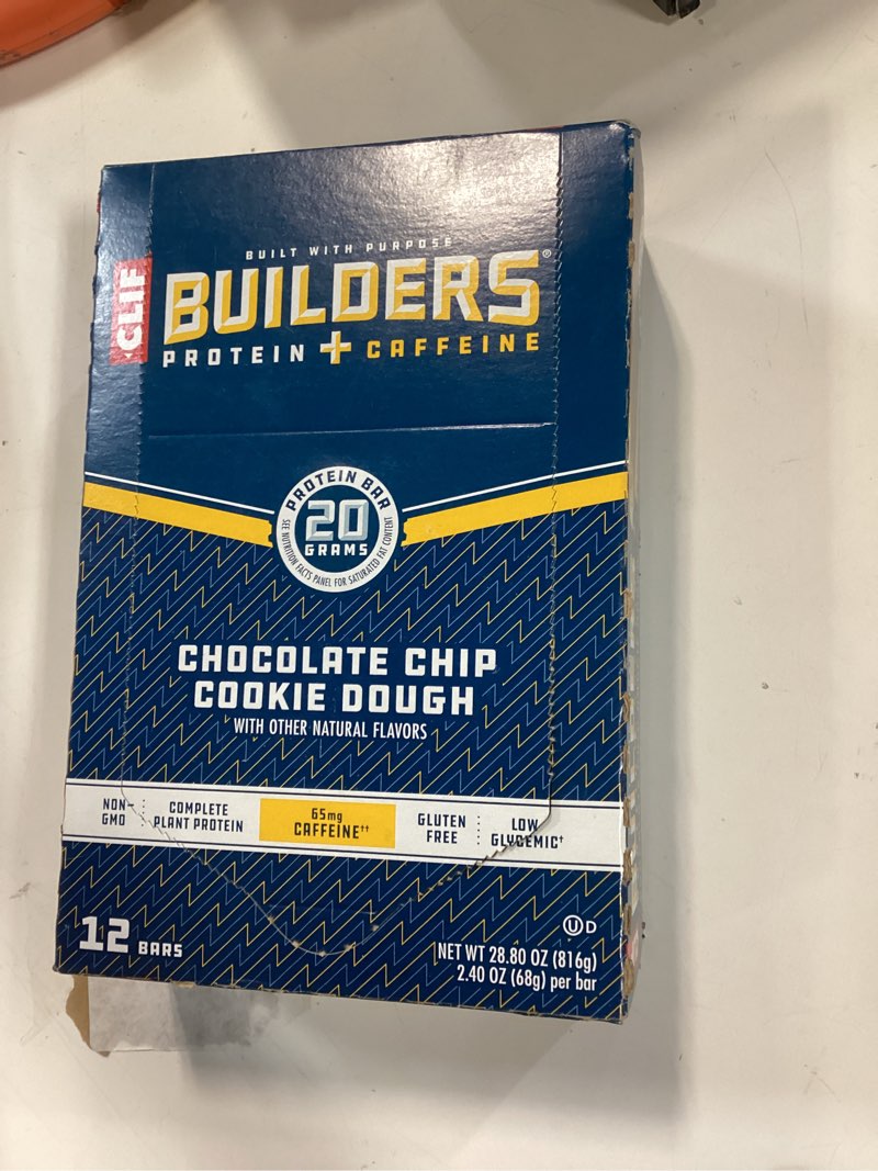 Condition photo showing New/Like New for (BB: 04/10/ 2026)CLIF BUILDERS + Caffeine Protein Bars - Chocolate Chip Cookie Dough Flavor - 20g Plant Based Protein - Gluten Free - Non-GMO - Low Glycemic - No Artificial Sweeteners - 2.4 oz. (12 Pack) Chocolate Chip Cookie Dough 1 Count (Pack of 12)