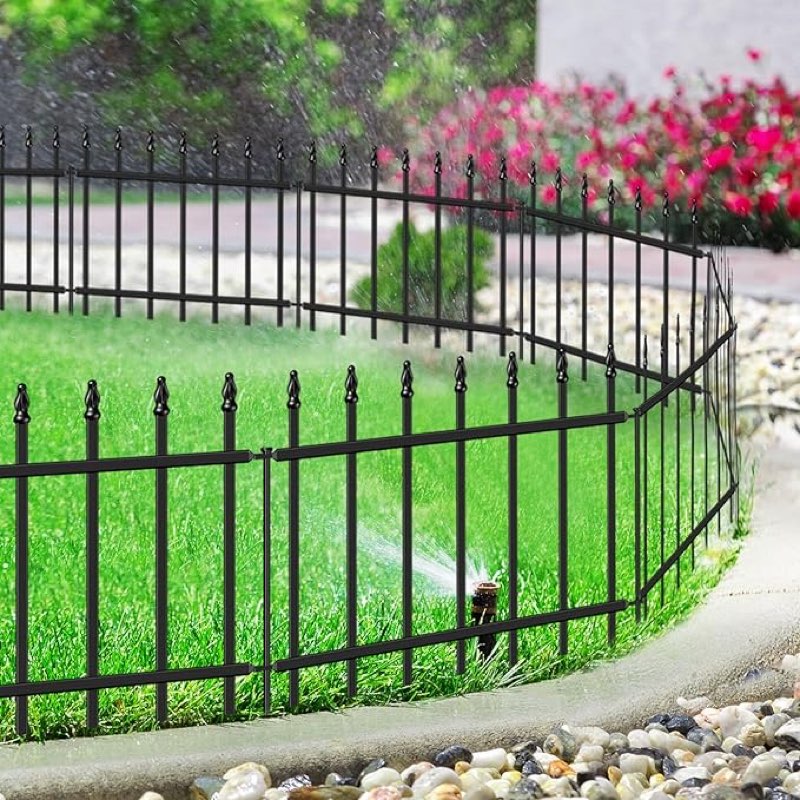 forehogar decorative metal garden fence 18 in h x 20 ft l, small border fence roman column deco, garden fencing for yard flower bed lawn landscape outdoor, 10 panels + 11 stakes black