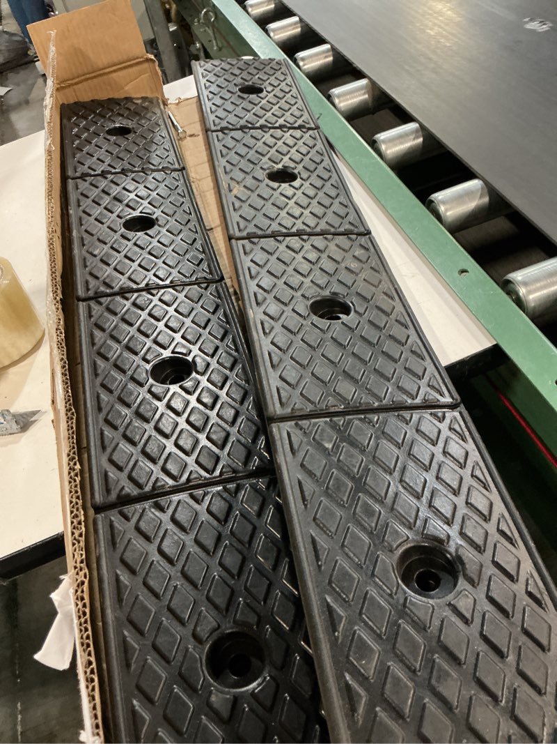 Condition photo showing As Is for vevor rubber curb ramp, 33069 lbs load capacity, 2 inches rise height heavy duty rubber threshold ramp with drainage tank for strollers, motorcycles, cars, lawn mowers & trailers, 2 pack 2‘’ rise
