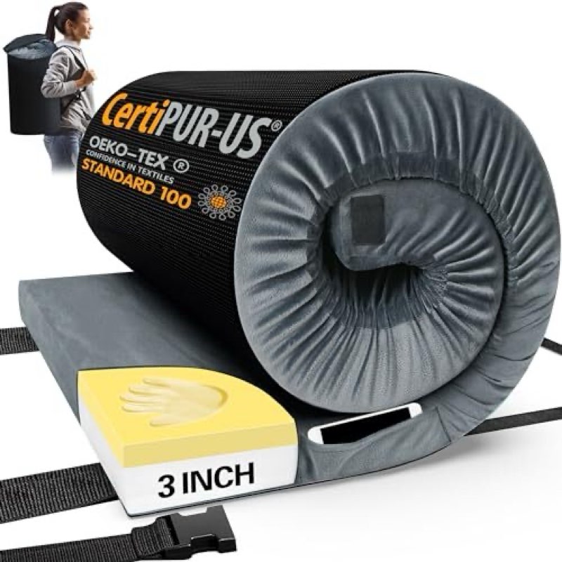 Memory Foam Camping Mattress Pad, CertiPUR-US Small Single/Cot-72x24x3 IN Grey