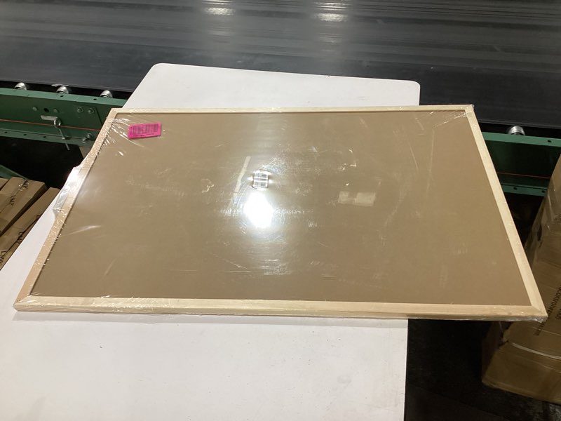 Condition photo showing New/Like New for 24x36 inch cork bulletin board for wall with natural wood frame | large pin board for office & home | includes 20 push pins & mounting hardware