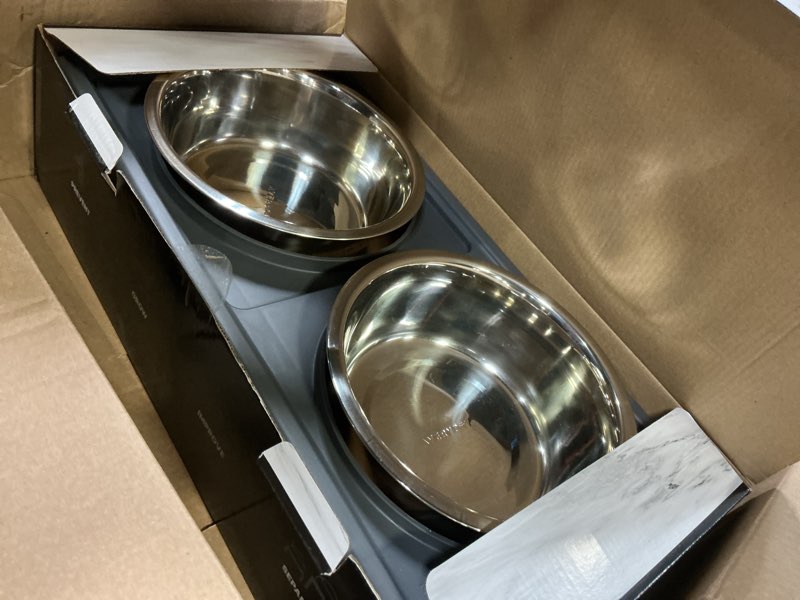 Condition photo showing As Is for Large Dog Bowls Elevated, 4 Height Adjustable Raised Dog Bowl Stand with 2 Stainless Steel Food and Water Bowls Set, Tall Dogs Feeding Station with Anti-Slip Base for Medium Large Breeds Dogs Large Legend grey stand + 2 food bowls
