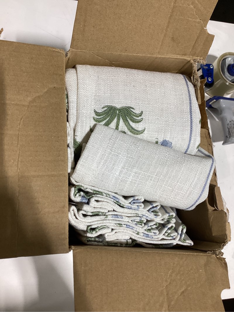 Condition photo showing Good Condition for floral pinch pleated linen curtains for living room bedroom dining room, light filtering memory trained luxury block print pleat drapes with hooks, blue & beige white, 40" w x 96" l, 2 panels blue and beige white 40"w x 96"l (pack of 2)