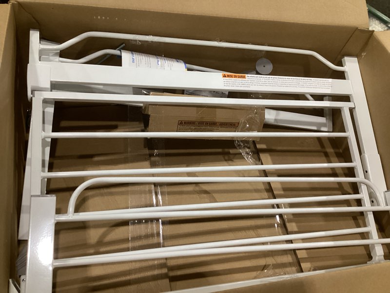 Condition photo showing As Is for regalo safety 38" baby gate for doorways & bottom of stairs, pressure mount design for babies, toddlers & pets, tested & safe for 30 years, american designed, american owned, white white 29-38.5"w x 30"h