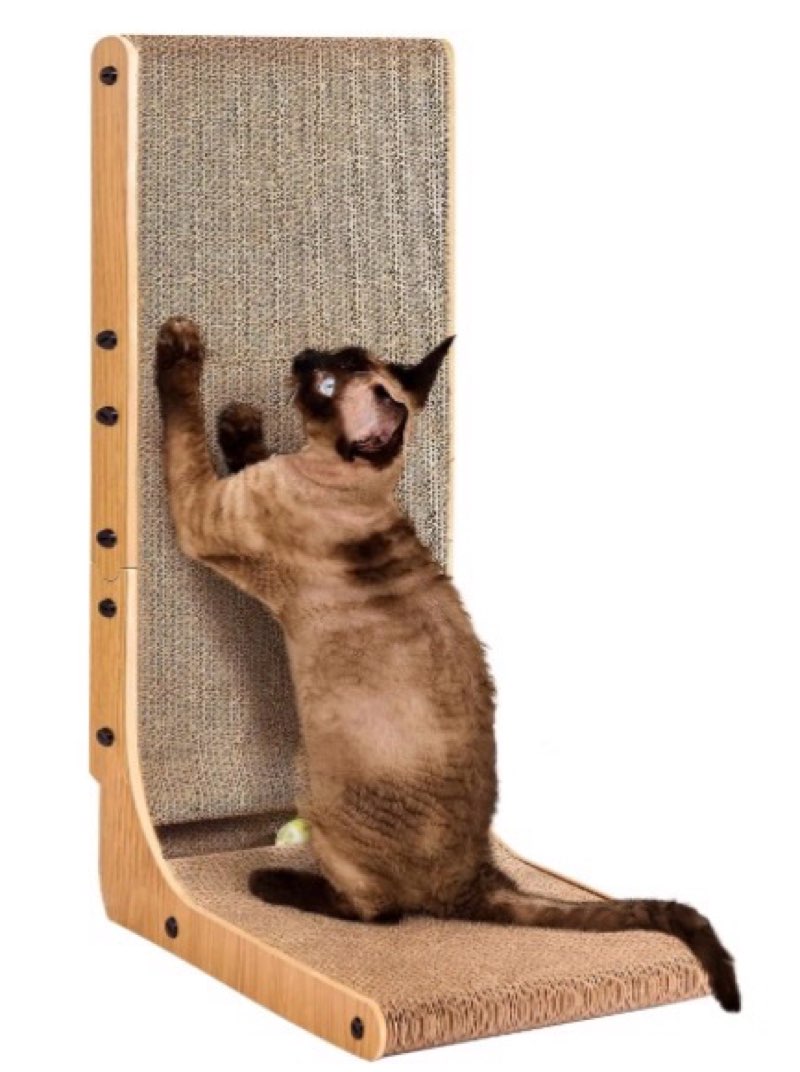 eheyciga cardboard cat scratcher for indoor cats, 26.8 inch l shaped vertical cat scratching board with ball cat toy, large cat scratcher pad, brown