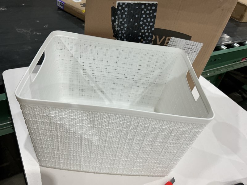 Condition photo showing Good Condition for similar to not exact color is white curver set of 4 jute large decorative plastic organization and storage baskets, perfect bins for home office, closet shelves, kitchen pantry and all bedroom essentials, black black large