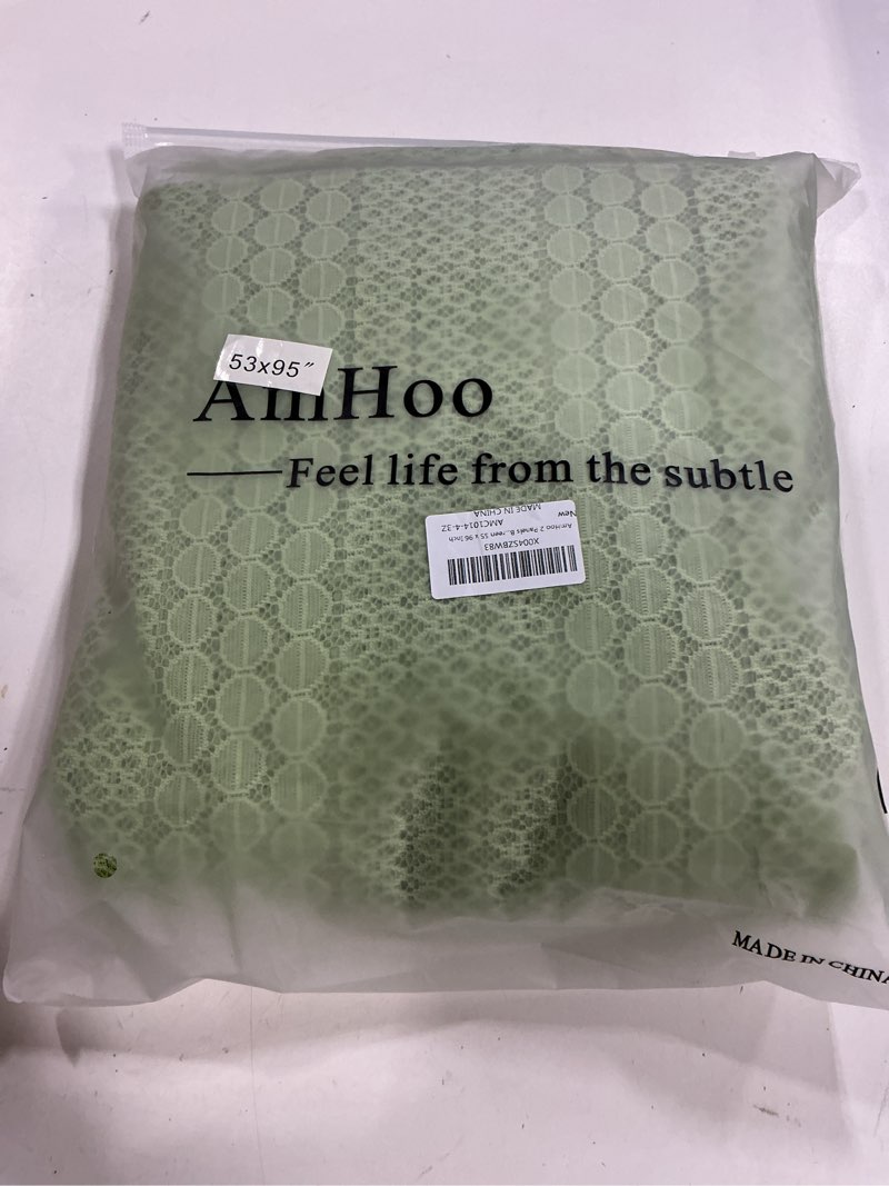 Condition photo showing New/Like New for amhoo 2 panels boho vintage lace semi sheer curtain farmhouse voile curtains for living room bedroom window treatment black 55 x 63 inch 55"w x 63"l (pack of 2) green
