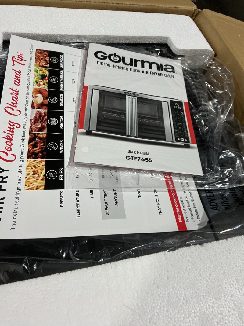 Condition photo showing Good Condition for Gourmia French Door Air Fryer – 25 Qt Large Capacity Convection Oven, Fryfroce 360°, Digital Display with 17 Cooking Presets, Bake, Toast, Roast, Dehydrate, Fits 12” Pizza
