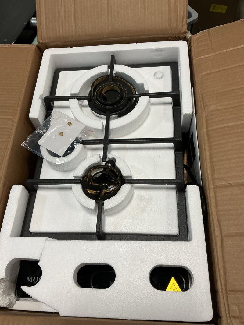 Condition photo showing New/Like New for 2 burner gas cooktop, 12 inch built-in propane/lpg/ng dual fuel stove, black tempered glass hob with thermocouple protection & adjustable flame, for apartment, kitchen, rv