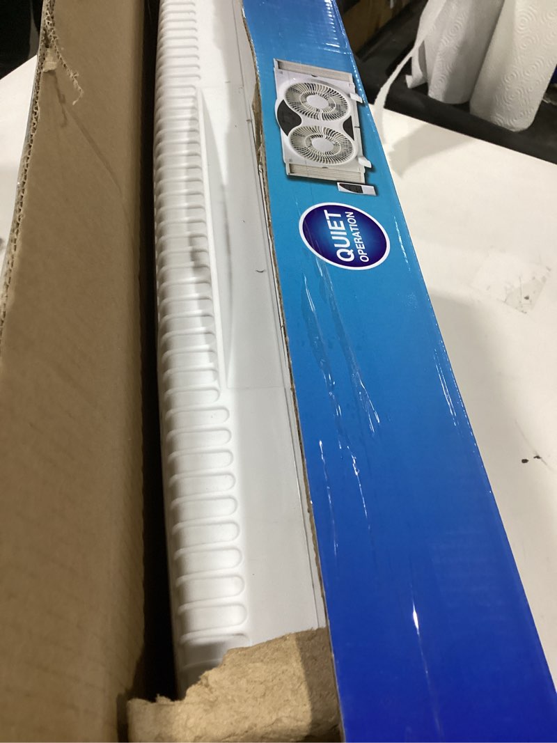 Condition photo showing As Is for Comfort Zone Window Fan for Bedroom, 9 inch 3 Speed Dual Fans with Auto-Locking Expanders, 3 Modes (Cool, Circulate, Exhaust), Remote Control, Fabric Cover plus Bug Screen, White White 9" Twin Window Fan w/ Remote