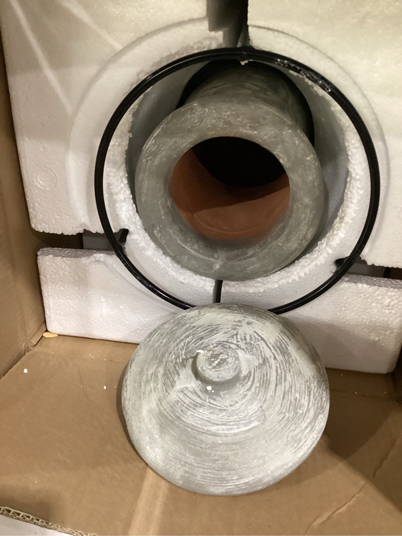 Condition photo showing Good Condition for medium chiminea outdoor fireplace grey –clay chimineas with chimney rain lids and solid metal stands - grey terracotta chimenea – rustic fire pit chimnea 16 x 16 x 32-inch
