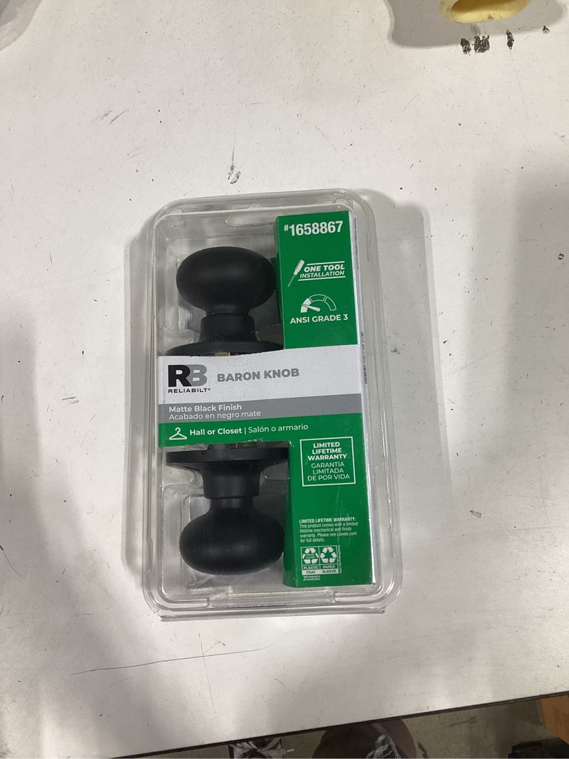 Condition photo showing New/Like New for reliabilt baron matte black interior hall/closet passage door knob