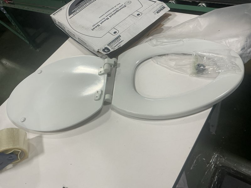 Condition photo showing As Is for KOHLER Stonewood Quiet-Close, Elongated Toilet Seat Soft Close, Durable Wood, Easy Installation, Universal Fit, Home Essentials, White Finish, K-20466-0 Elongated White