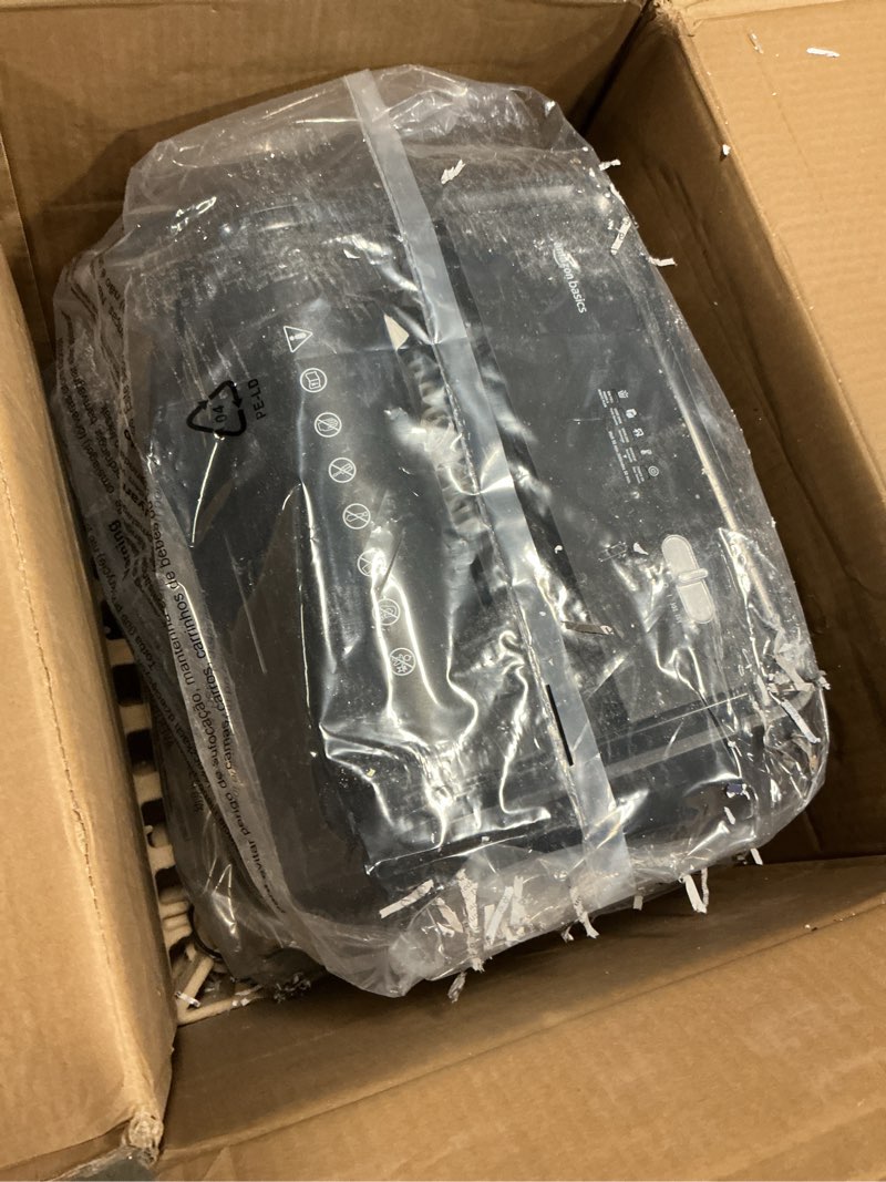 Condition photo showing As Is for amazon basics 200-sheet auto feed cross cut paper shredder with pullout basket, black 200 sheet black