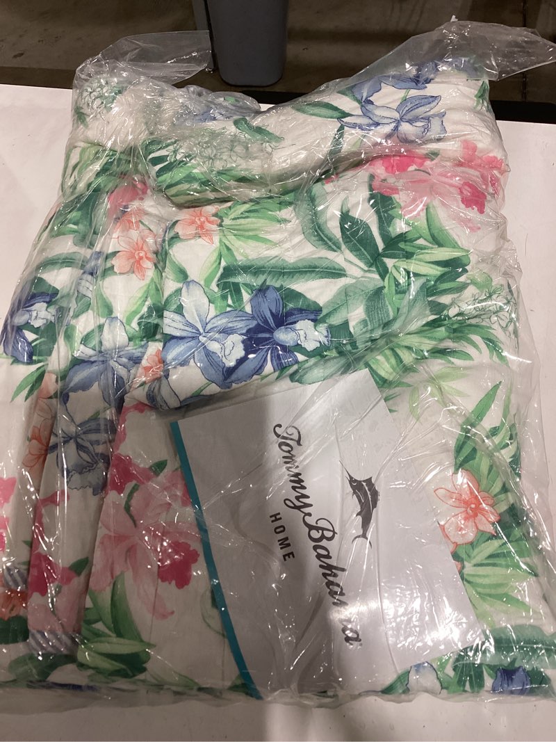 Condition photo showing Good Condition for tommy bahama - queen quilt set, reversible cotton coastal bedding with matching shams, colorful botanical bedding set (island orchid pink/blue) queen island orchid pink/blue