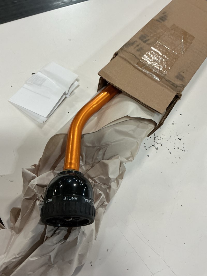 Condition photo showing As Is for dramm one touch rain wand watering wand – 30 inch garden watering wand with thumb control valve – gentle shower spray for plants, flower beds & hanging baskets – orange