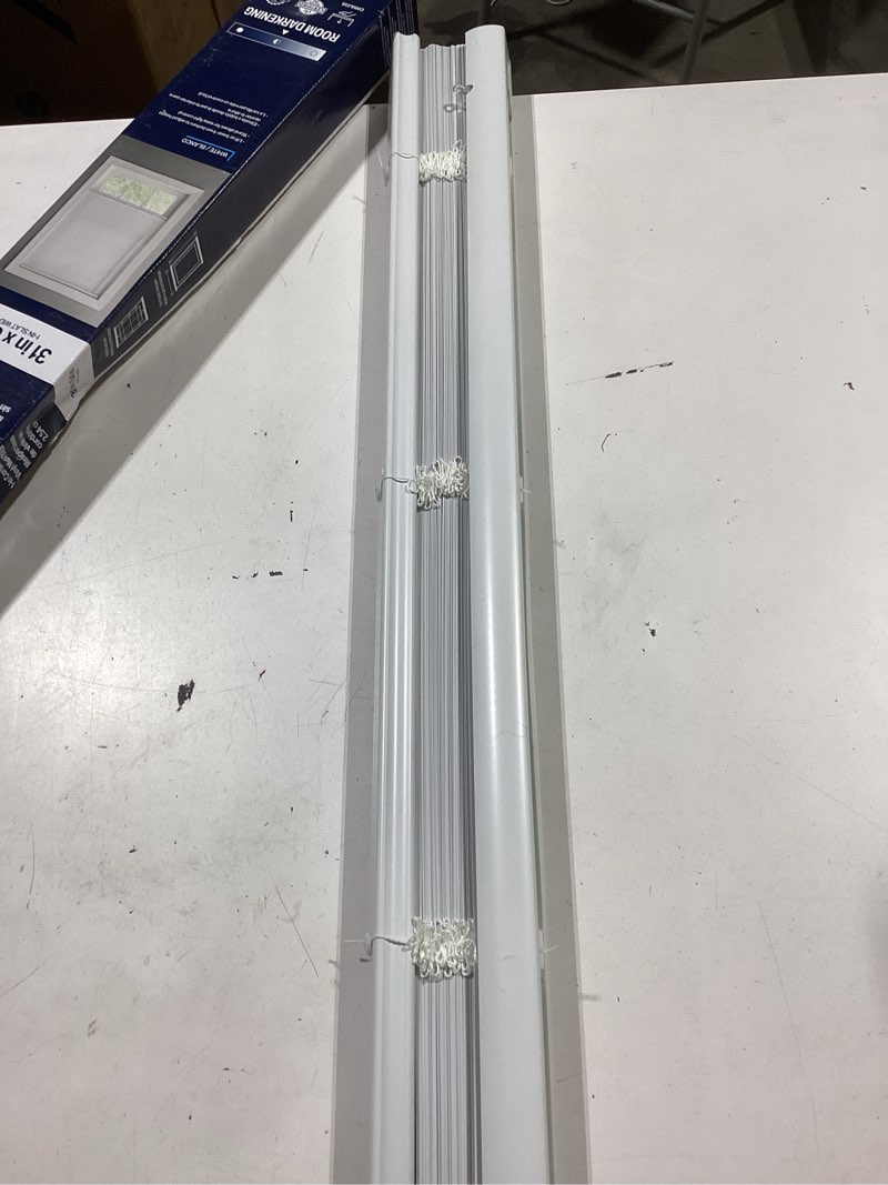 Condition photo showing Good Condition for project source room darkening 1-in slat width 31-in x 64-in cordless white vinyl room darkening mini-blinds