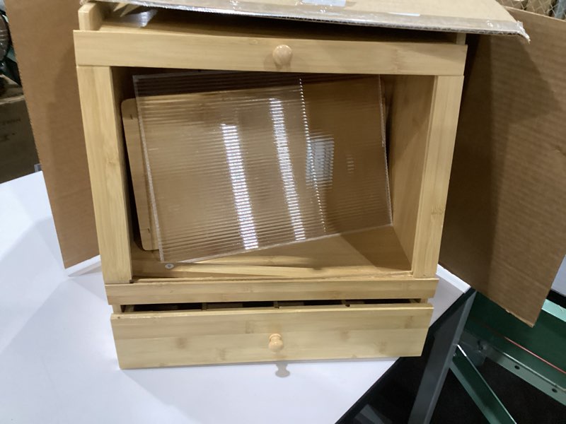 Condition photo showing As Is for HOOBRO Bread Box, Bamboo Bread Box Storage Container with Drawer, 2-Tier Kitchen Countertop Food Storage Box with Acrylic Door, for Food, Natural YL21MB01, COMING APART, AS IS