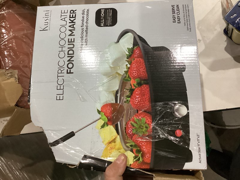 Condition photo showing As Is for Kusini Electric Fondue Pot Set - Chocolate Fondue Kit - Temperature Control, Detachable Serving Trays, & 4 Roasting Forks - Gift Set & Date Night Idea. Serve at Movie Night or Game Night. Black