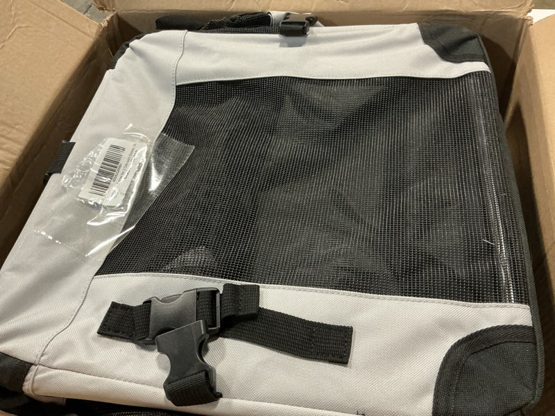 Condition photo showing As Is for extra large cat carrier for 2 cats with divider, double soft-sided pet carrier for small dogs, puppies & rabbits, collapsible travel carrier with removable cozy pad & storage pockets grey double compartment