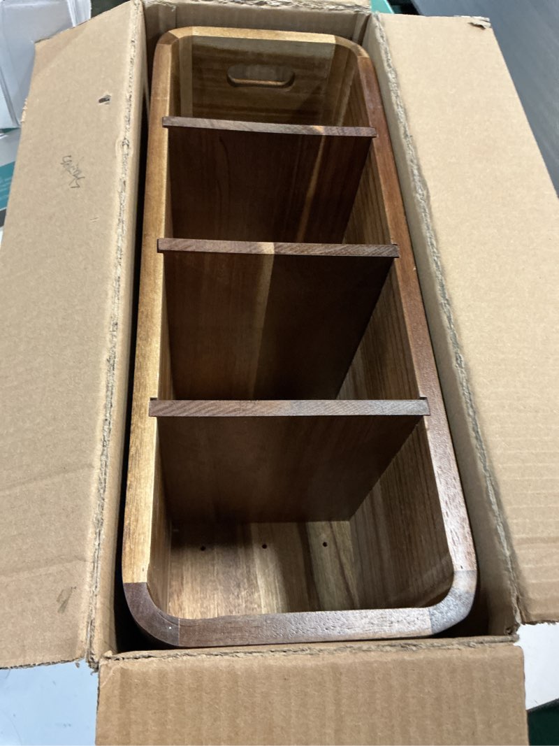 Condition photo showing Good Condition for Wooden Kitchen Utensil Holder Organizer for Counter or Countertop, Large Wooden Utensil Holder for Storage Cooking and Silverware with 4 Compartment, Acacia Rustic Wood Container Extra Large