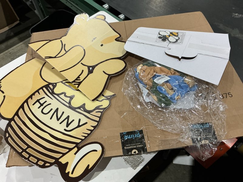 Condition photo showing As Is for 121pcs classic winnie bear baby shower birthday decorations cutout large, neutral pooh bear coroplast cutout prop with stand balloons bee stickers for winnie gender reveal first birthday photo props