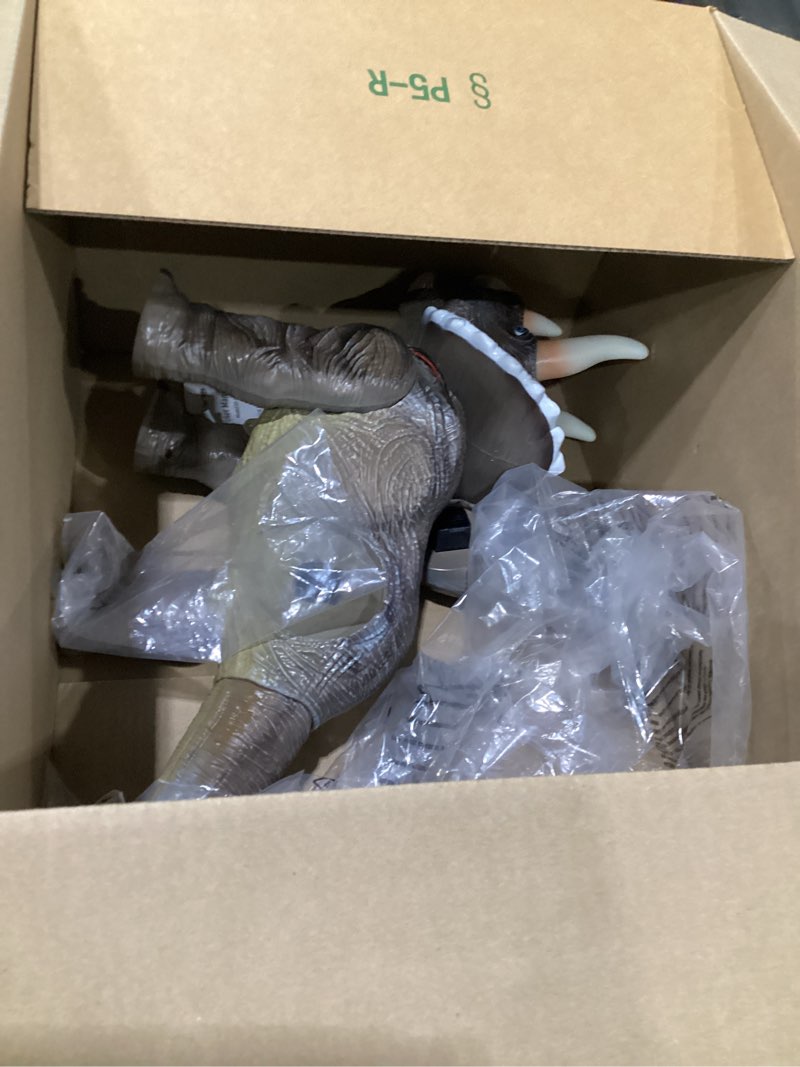 Condition photo showing As Is for dinosaur ride on toy cars for kids, realistic triceratops push car with three sound effects,sound and light effects pp wheels for indoor/outdoor play,best gift for kids(triceratops)