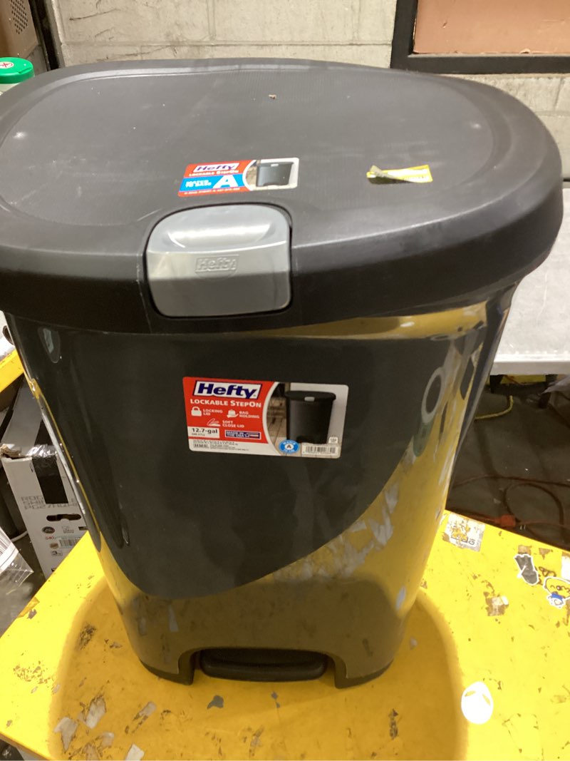 Condition photo showing As Is for hefty 12gal step trash can gray: kitchen garbage can, locking lid, indoor, polypropylene, 24.09" h, 13.7" w, 4.39 lbs